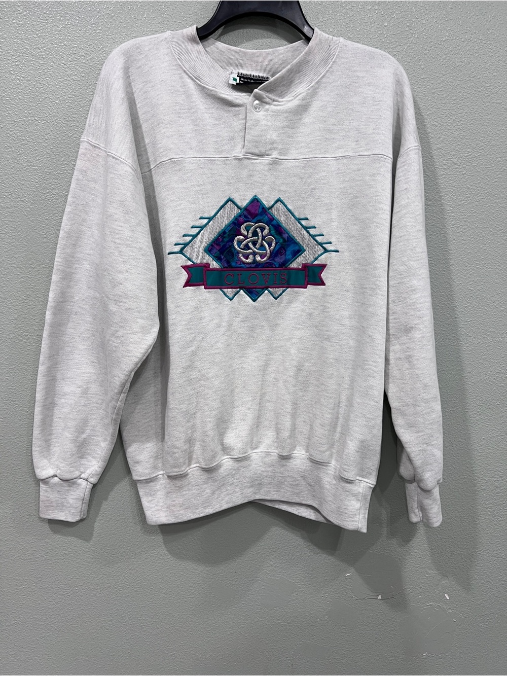 Vintage 90s Clovis ImageWear Sweatshirt USA Made Embroidered Henley Pullover